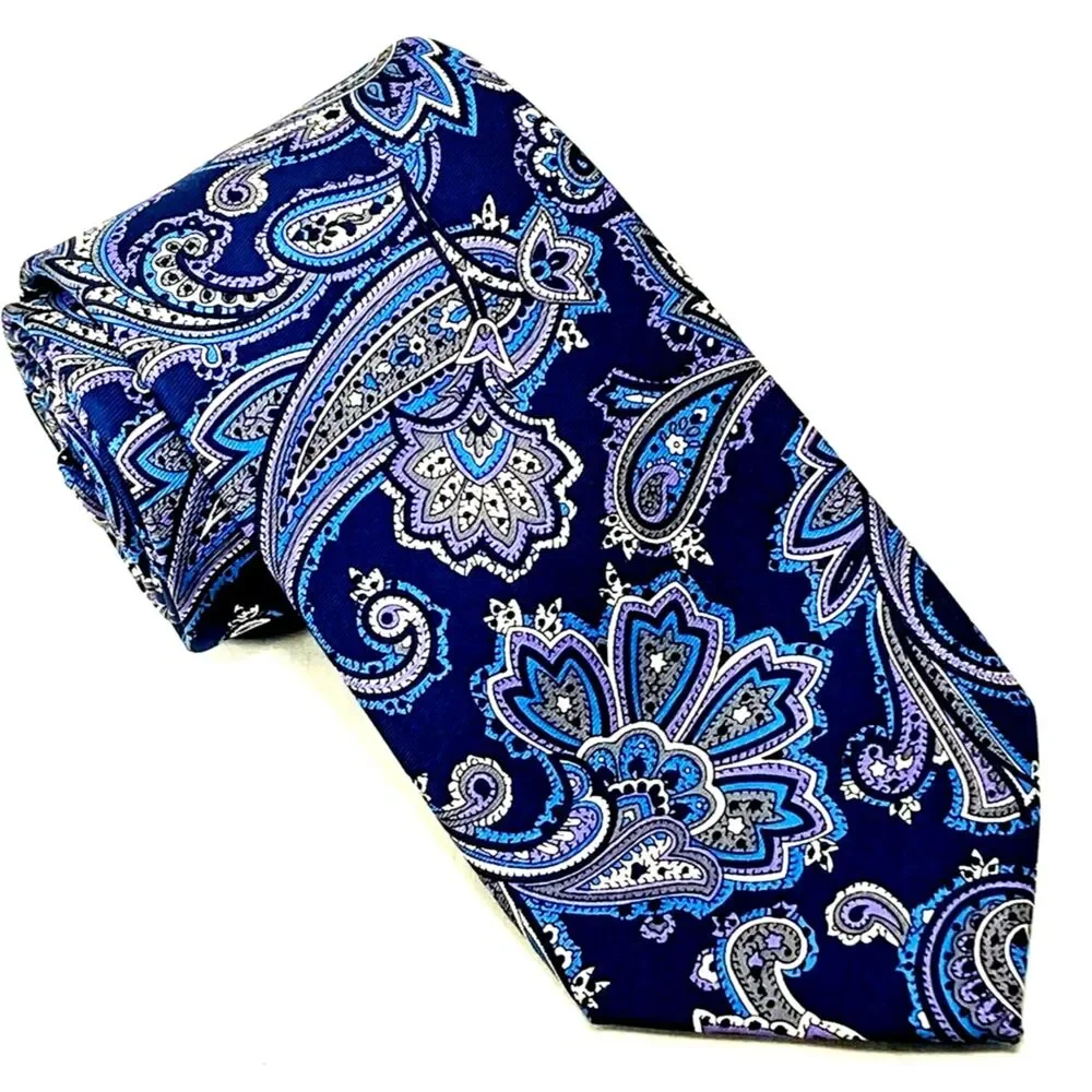 Countess Mara Tie Paisley Floral Blue Purple Repp Weave Silk Preppy Mob Luxury